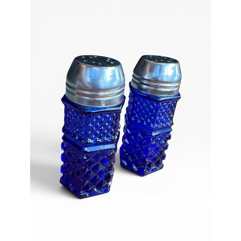 Vintage Cobalt Blue 4" Glass Hexagonal Salt Pepper Shakers Silver Metal Caps